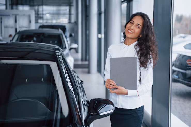 gerente-mujer-pelo-rizado-encuentra-cerca-coche-salon-automovil_146671-16059